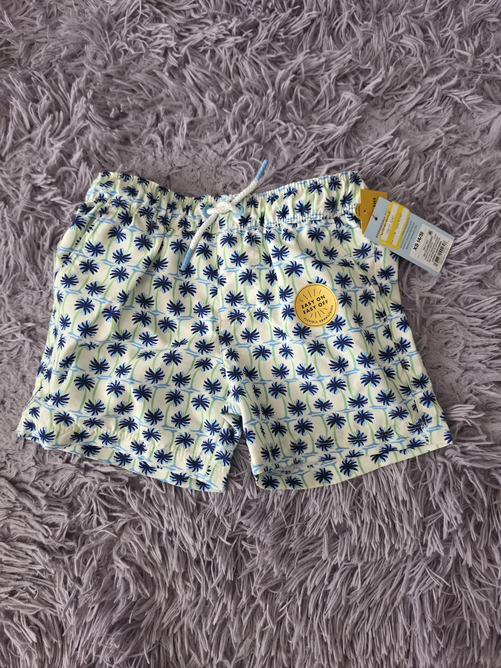 Cat & Jack Boys Swim Trunks xs 4/5 White Blue Green Palm Tree Drawstring Elastic